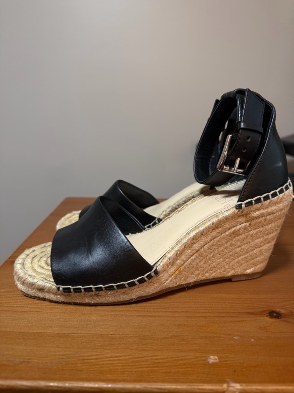 Vince Camuto Black Leather Espadrille Wedge Sandals with Ankle Buckle